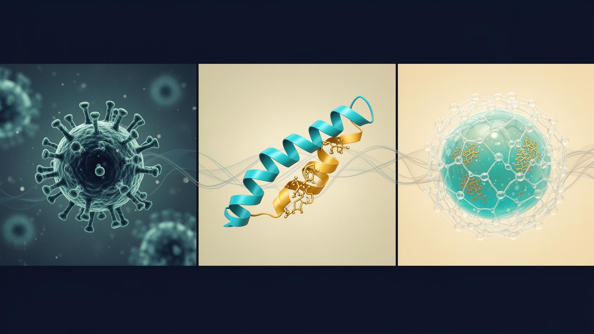 Scientific visualization showing viral immune-modulating proteins inspiring engineered biomaterials