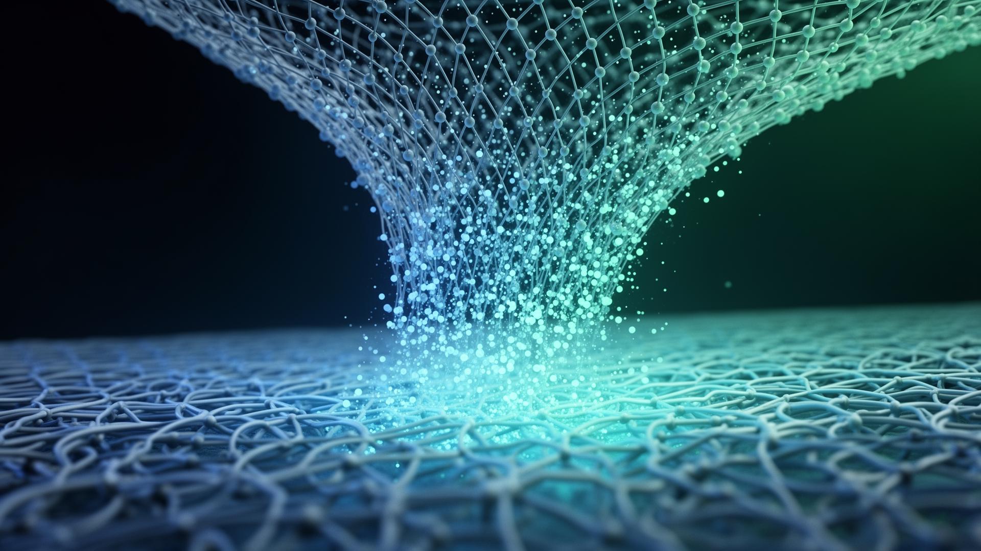 Abstract visualization of chemokine particles being captured by an engineered biomaterial mesh