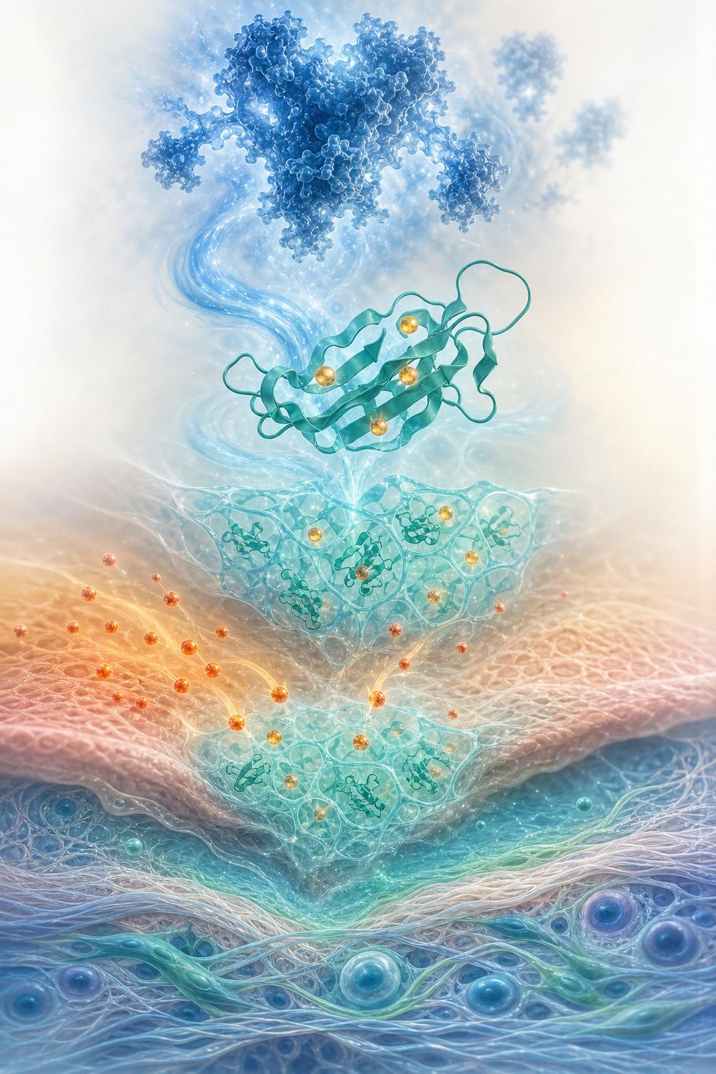 Scientific platform illustration showing the progression from viral immune-evasion biology through chemokine-binding mechanisms to engineered biomaterials for localized immunomodulation